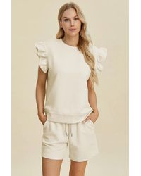 TRUEDAMES - Full Size Texture Round Neck Ruffle Sleeve Top And Shorts Set - Lyst