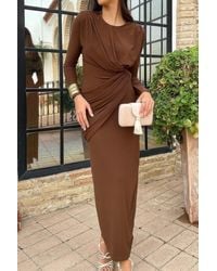 TRUEDAMES - Elegant Round Neck Solid Ruched Wrap Hem Dress - Lyst
