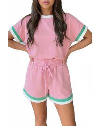 Shewin - Striped Trim Casual Tee And Drawstring Shorts Set - Lyst