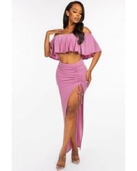 TRUEDAMES - Solid Ity Off The Shoulder Ruffled Cropped Top And Ruched Maxi Skirt Two Piece Set - Lyst