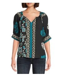 Tru Luxe - Floral Border Print Split V-Neck Elbow Sleeve Top - Lyst