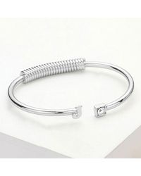 Fashnzfab - J- Initial Monogram Brass Metal Round Stone Tip Cuff Bracelet Rhodium - Lyst
