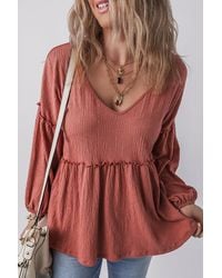 TRUEDAMES - Mineral Solid Color Textu Frilled Trim V Neck Puff Sleeve Blouse - Lyst