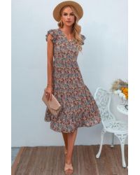 TRUEDAMES - Boho Floral V Neck Ruffle Sleeve A Line Midi Dress - Lyst