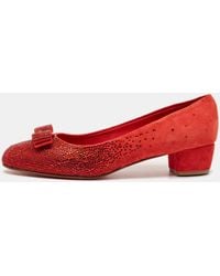 Ferragamo - Suede Crystal Embellished Vara Bow Block Heel Pumps - Lyst