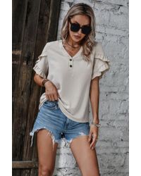 TRUEDAMES - Solid Button V Neck Ruffle Sleeves Blouse - Lyst