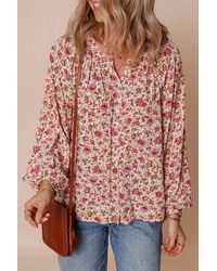 Shewin - Floral Print Pleated Detail Notched Neck Puff Sleeve Blouse - Lyst