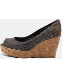 Stuart Weitzman - Lurex Fabric Anna Cork Wedge Platform Peep Toe Pumps - Lyst