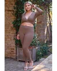 TRUEDAMES - Plus Mocha Plunge Neck Long Sleeve Self-Tie Back Or Front Waist Top & High-Waisted Skinny Pants Set - Lyst