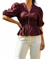 She + Sky - Puff Sleeve Front Zipper Woven Top - Lyst
