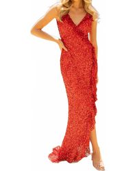 Primavera - V-Neck Ruffled Sequin Evening Gown - Lyst