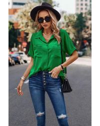 TRUEDAMES - V Neck Button Down Roll Up Sleeve Loose Pocket Blouse - Lyst