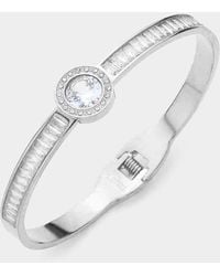 Fashnzfab - Stainless Steel Round Stone Accented Baguette Stone Embellished Hinged Evening Bracelet - Lyst