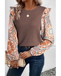 TRUEDAMES - Ruffled Floral Sleeve Patchwork Waffle Knit O Neck Blouse - Lyst
