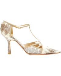 Chanel - Cc Mini Logo Scaled Leather Nude Suede Trim Pointed T-strap Pump - Lyst