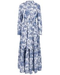 MC2 Saint Barth - Midi Dress With Tiered Skirt And Botanical Print - Lyst