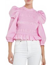 English Factory - Smocked Puff Shoulder Poplin Top - Lyst