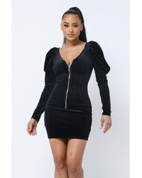TRUEDAMES - Soft Velvet Pleated Puff Sleeve Low V Neck Front And Back Mini Dress - Lyst