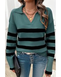 TRUEDAMES - V Neck Drop Shoulder Strip Knit Loose Sweater - Lyst