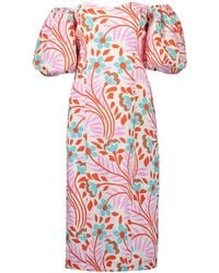 RHODE - Karima Linen Puff Sleeve Midi Dress, Lago Vine - Lyst