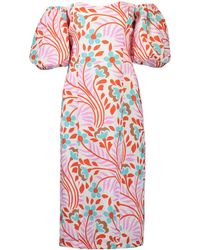 RHODE - Karima Linen Puff Sleeve Midi Dress, Lago Vine - Lyst