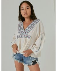 Lucky Brand - Embroidered V Neck Peasant Blouse - Lyst