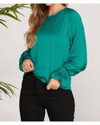 She + Sky - Smocked Long Bubble Sleeve Satin Top - Lyst