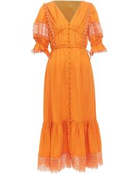 Self-Portrait - Self Portrait Lace Trim Satin Twill Ruffle Midi Dress - Lyst