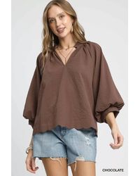 TRUEDAMES - Full Size Textured Notched Balloon Sleeve Blouse Plus Size - Lyst