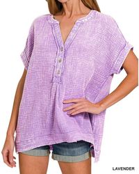 Zenana - Henley Gauze Short Sleeve Top - Lyst