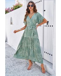 TRUEDAMES - Allover Print V Neck Fit Belt A Line Long Dress - Lyst