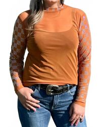 Sterling Kreek - Mesh Top With Rhinestone Checkered Sleeves - Lyst
