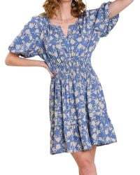 Umgee - Split Neck Floral Puff Sleeve Dress With Smocked Waistband - Lyst
