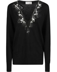 ERMANNO FIRENZE - Delicate Lace-Trimmed V-Neck Wool Sweater - Lyst