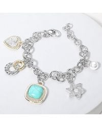 Fashnzfab - 14K Plated Cz Stone Paved Heart Jewish Star Pearl Western Stone Cluster Charm Station Bracelet Rhodium - Lyst