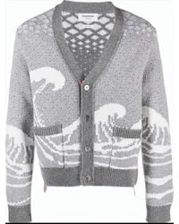 Thom Browne - Textured Knit Wool Cardigan With V-Neckline And Tricolor Details - Lyst