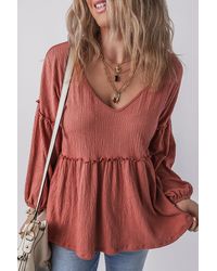 TRUEDAMES - Mineral Solid Color Textu Frilled Trim V Neck Puff Sleeve Blouse - Lyst