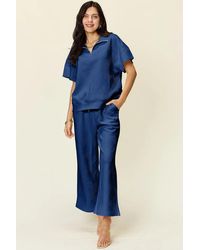 TRUEDAMES - Full Size Texture Half Zip Short Sleeve Top And Pants Set - Lyst