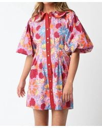 Olivaceous - Groovy Floral Puff Sleeve Mini Dress - Lyst