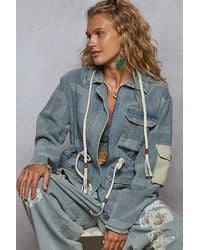 TRUEDAMES - Raw Hem Drawstring Zip Up Hooded Denim Jacket - Lyst