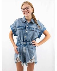 Bibi - Distressed Cinch Waist Denim Romper - Lyst