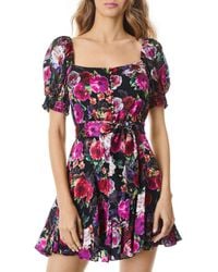 Alice + Olivia - Mina Puff Sleeve Square Neck Fit & Flare Dress - Lyst