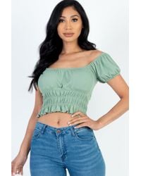 TRUEDAMES - Casual Ruched Puff Sleeve Ribbed Knit Solid Top - Lyst