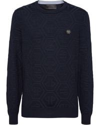 Philipp Plein - Jacquard Silk Wool Pullover Round Neck Ls Monogram - Lyst