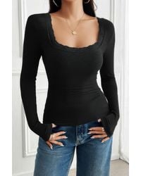 TRUEDAMES - Square Neck Lace Trim Patchwork Slim Fit Shirt - Lyst