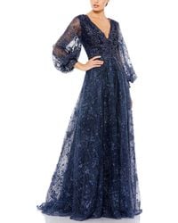 Mac Duggal - Embellished Plunge Neck Puff Sleeve A-Line Gown - Lyst