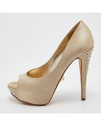 Gina - Cream Satin Crystal Embellished Heel Open Toe Platform Pumps - Lyst