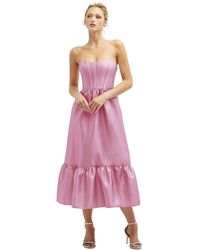 Dessy Collection - Strapless Satin Midi Corset Dress With Lace-up Back & Ruffle Hem - Lyst