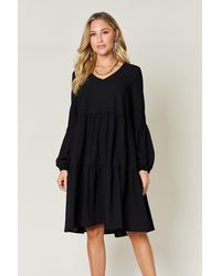 TRUEDAMES - Full Size V-Neck Balloon Sleeve Tiered Dress With Pockets - Lyst