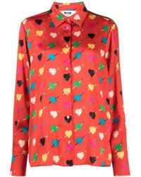 MSGM - Heart Print Button-Up Shirt With Silhouette And Lightweight Fabric - Lyst